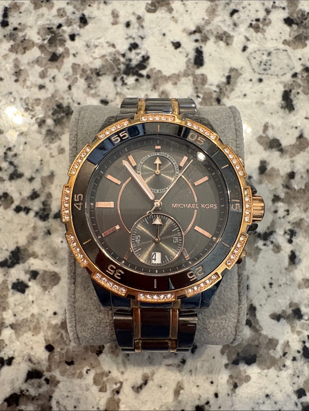 Michael Kors Black and Rose Gold Crystal Bezel Chronograph Watch